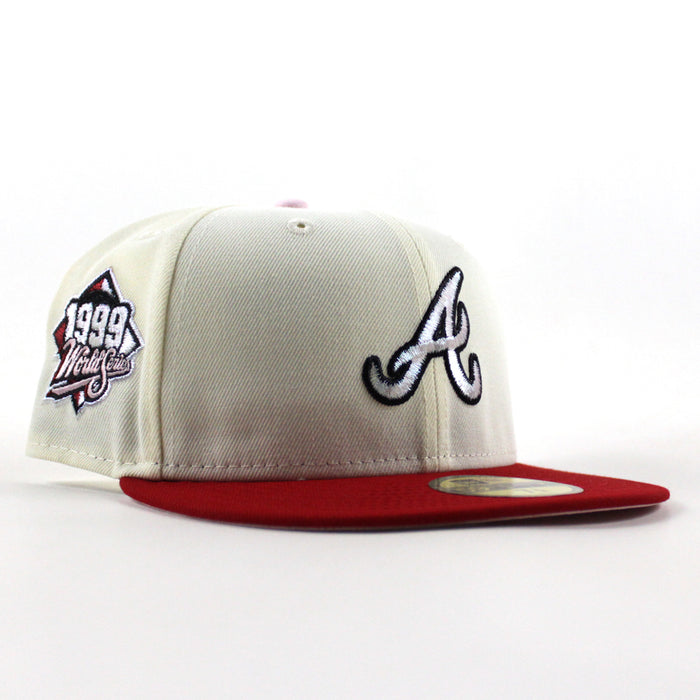 Atlanta Braves 1999 World Series New Era 59Fifty Fitted Hat (Chrome White Scarlet Red Pink Under Brim)