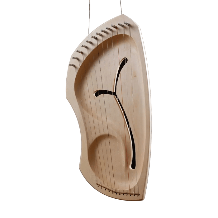 Wooden lyre-shaped instrument on a black background