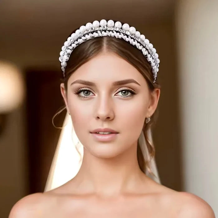 Elegant Pearl & Crystal Bridal Headband | Silver Wedding Headpiece