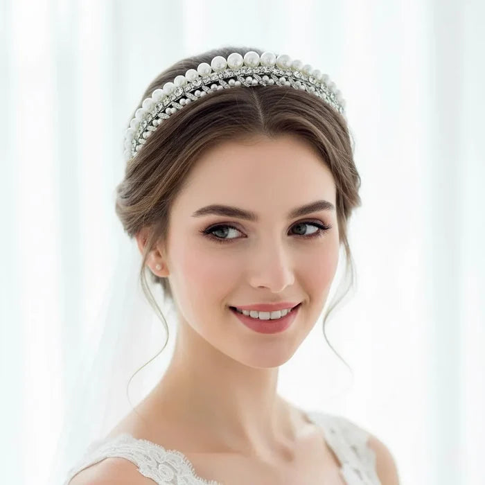 Elegant Pearl & Crystal Bridal Headband | Silver Wedding Headpiece