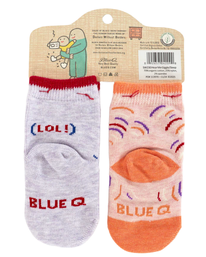 Two pairs of socks with 'Blue Q' branding on a cardboard backing.