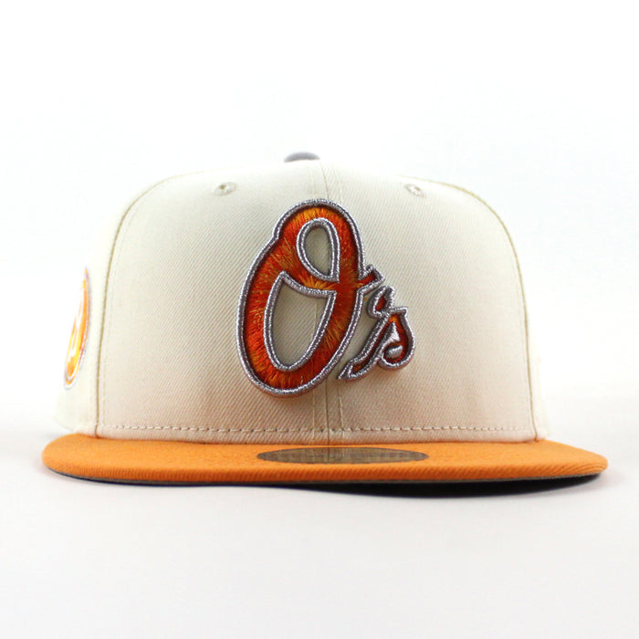 Baltimore Orioles B Patch 59Fifty New Era Fitted Hat (Chrome White Orange Gray Under Brim)