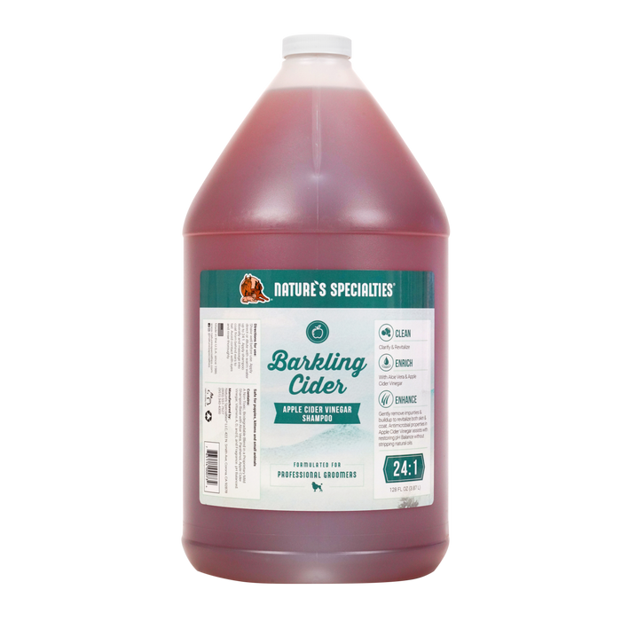 Nature's Specialties Barkling Cider cat and dog shampoo in 128 oz gallon size.