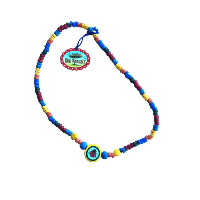 Colorful wooden beaded necklace with a ladybug pendant on a white background
