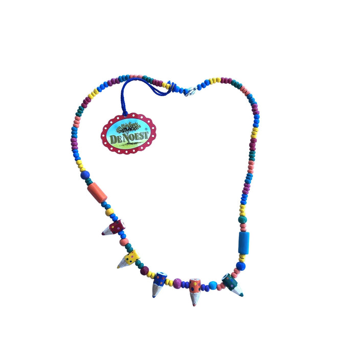 Colorful wooden beaded necklace with pencil tip pendants on a white background