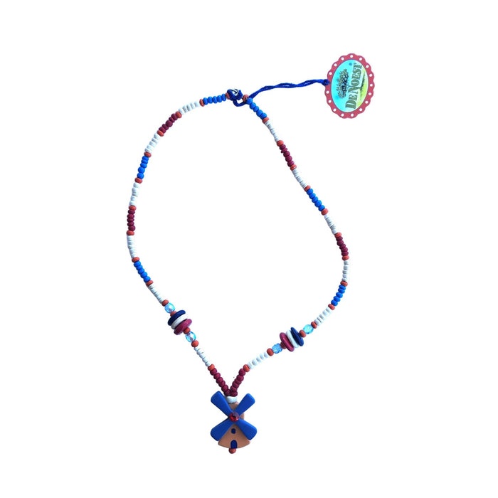 Colorful wooden beaded necklace with a windmill pendant on a white background