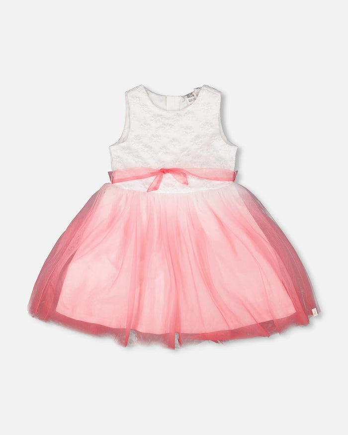 Bi-Material Pleated Mesh Dress White And Pink-0