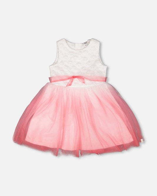 Bi-Material Pleated Mesh Dress White And Pink-0