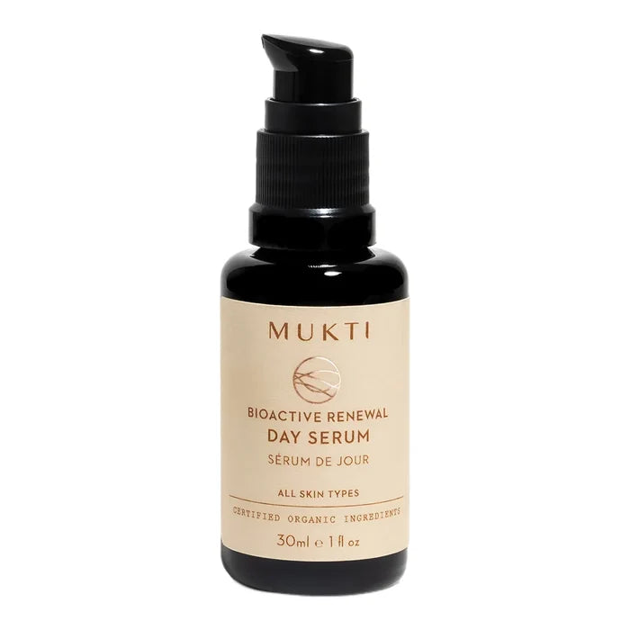A 30ml pump bottle of MUKTI Bioactive Renewal Day Serum, featuring a black bottle and cap with a beige label on a white background.