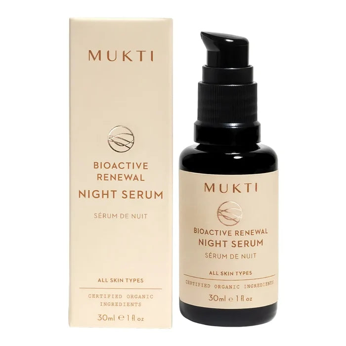 MUKTI Bioactive Renewal Night Serum shown with its beige box and black pump bottle on a white background.