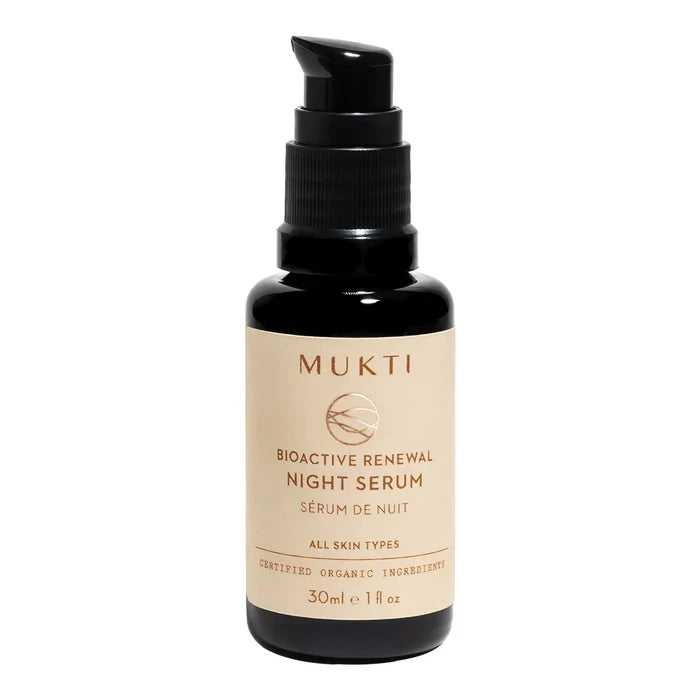 A 30ml pump bottle of MUKTI Bioactive Renewal Night Serum, featuring a black bottle and cap with a beige label on a plain white background.