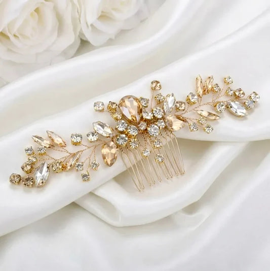 Champagne Crystal Bridal Hairpiece in Gold - Wedding Hair Accessory