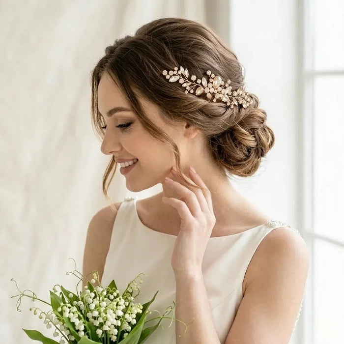 Champagne Crystal Bridal Hairpiece in Gold - Wedding Hair Accessory