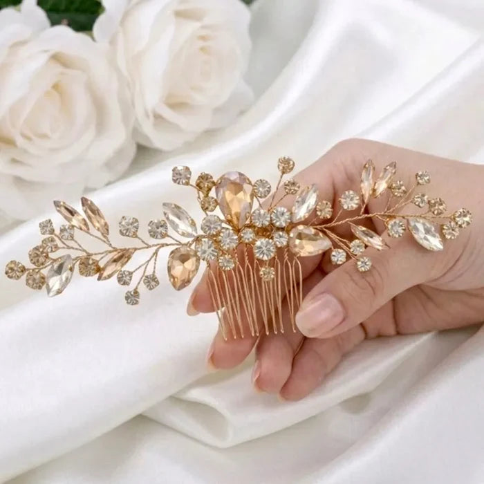 Champagne Crystal Bridal Hairpiece in Gold - Wedding Hair Accessory