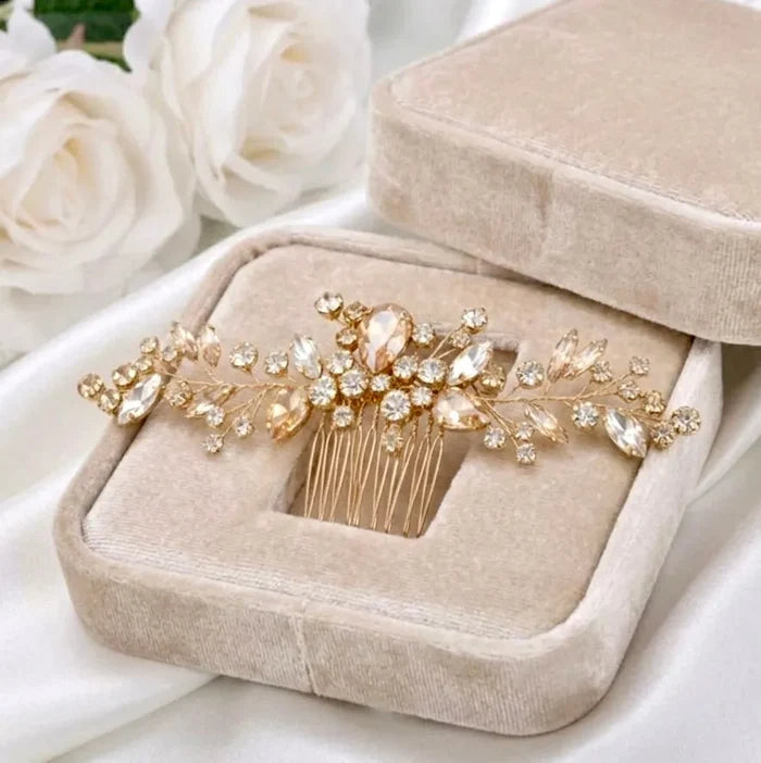 Champagne Crystal Bridal Hairpiece in Gold - Wedding Hair Accessory