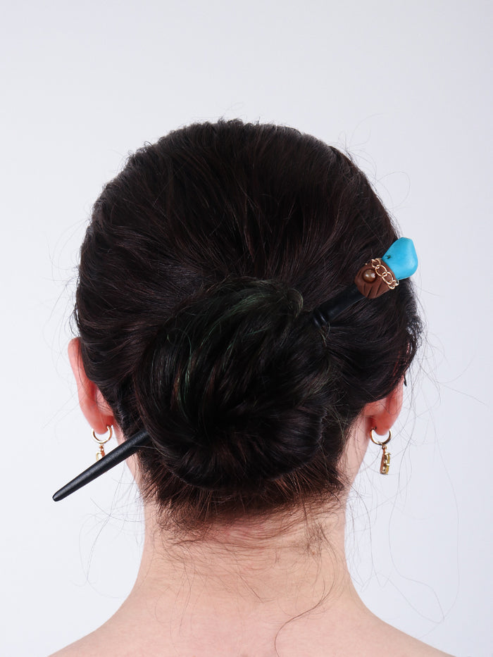 Blue Howlite Gemstone Hairpin | Natural Wood-Image 2