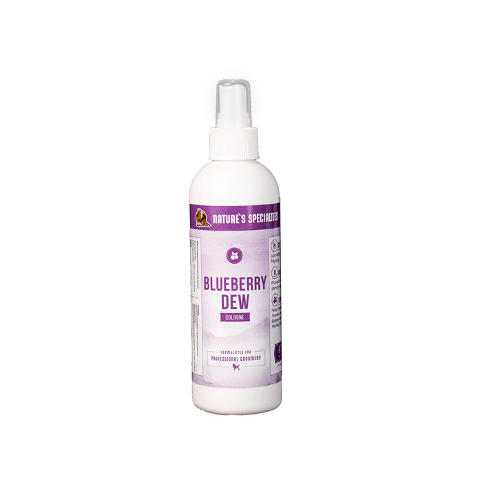 Nature's Specialties Blueberry Dew Cologne cat and dog cologne in 8 oz. size white bottle.