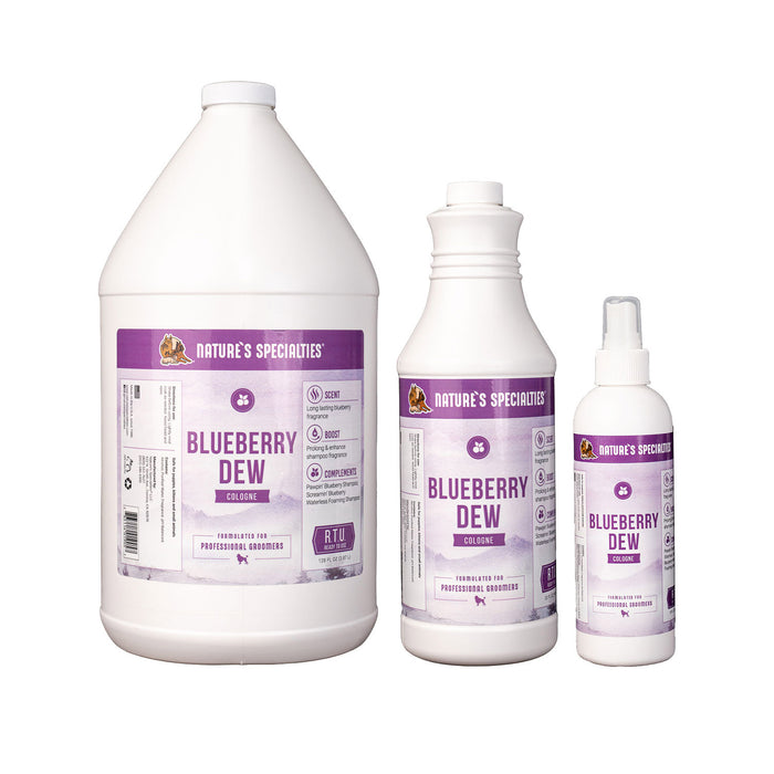 Three different size bottles of Nature's Specialties Blueberry Dew Cologne cat and dog cologne scents.