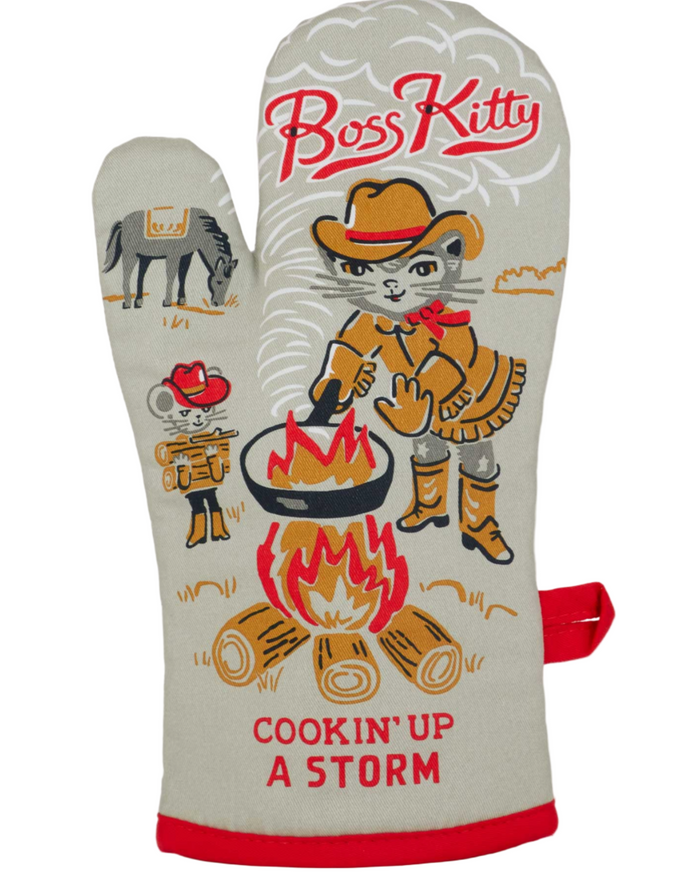 Whether it's your first rodeo, or your hundredth, y'all don't wanna burn those paws! Boss Kitty Oven Mitt by Blue Q sold by Le Monkey House