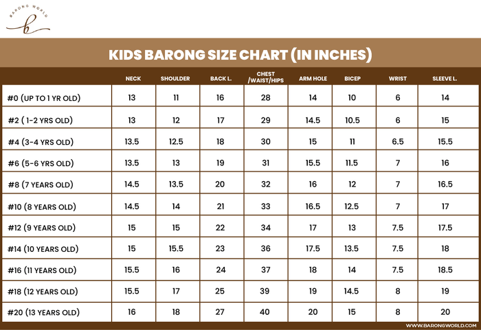 Kids Barong Size Chart