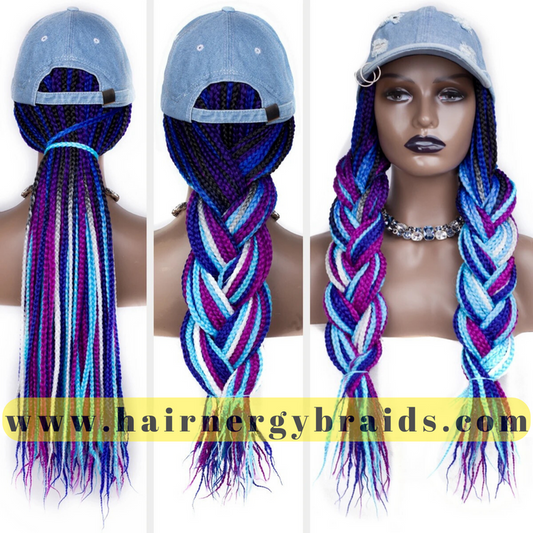 Braided Hat Wig | Summer Hat | Baseball Hat Braid Cap - Blue Baseball Hat + Blue mix Braids