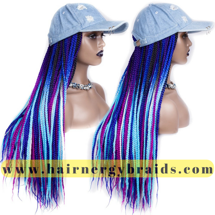Braided Hat Wig | Summer Hat | Baseball Hat Braid Cap - Blue Baseball Hat + Blue mix Braids