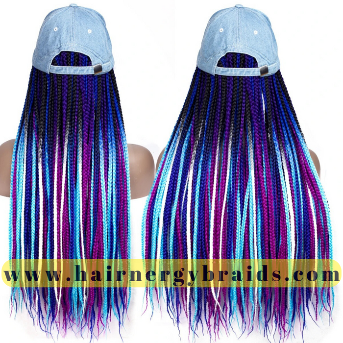 Braided Hat Wig | Summer Hat | Baseball Hat Braid Cap - Blue Baseball Hat + Blue mix Braids