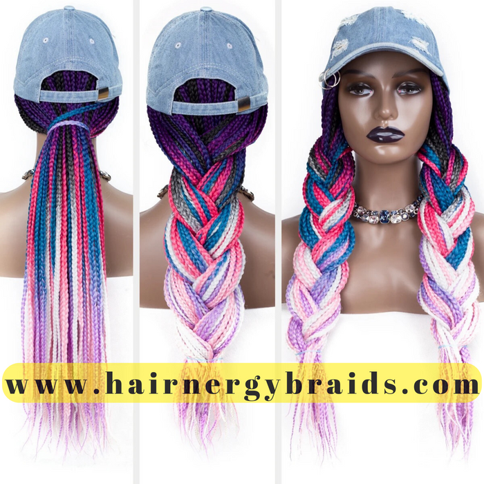 Braided Hat Wig | Summer Hat | Baseball Hat Braid Cap - Blue Baseball Hat + Pink mix Braids