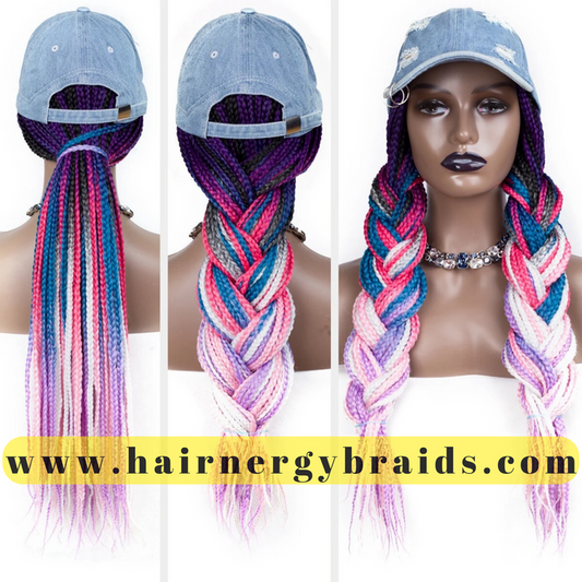 Braided Hat Wig | Summer Hat | Baseball Hat Braid Cap - Blue Baseball Hat + Pink mix Braids