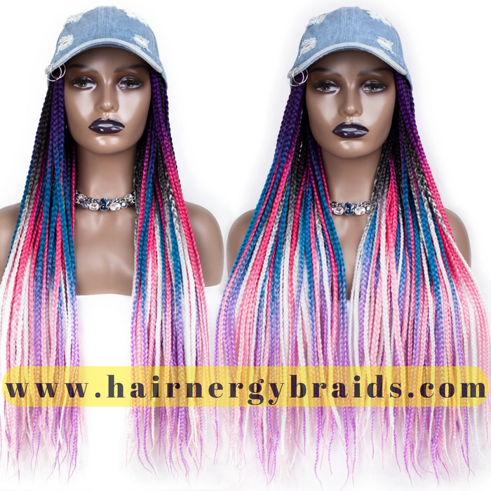 Braided Hat Wig | Summer Hat | Baseball Hat Braid Cap - Blue Baseball Hat + Pink mix Braids