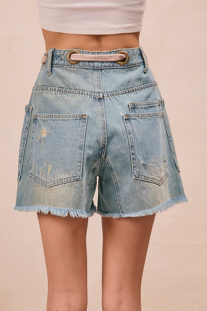 Braided Waist Belt Pockets Washed Denim Shorts