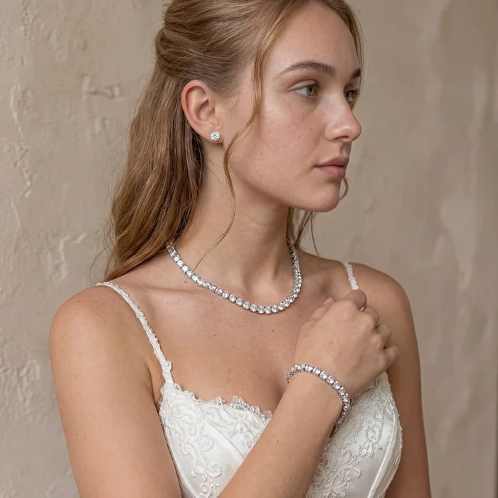 Wedding Jewelry - Silver Cubic Zirconia Bridal Three-Piece Jewelry Set