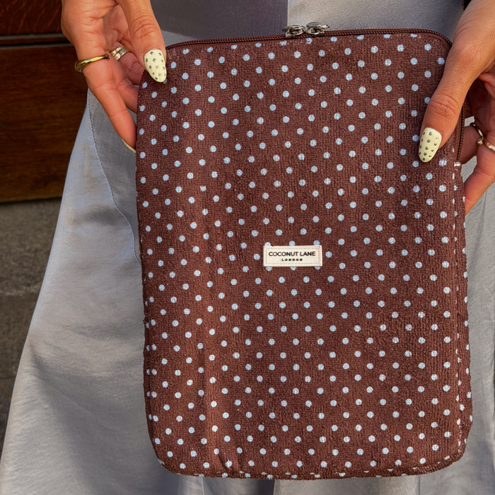 Close up of Brown and Blue Polka Dot iPad Case