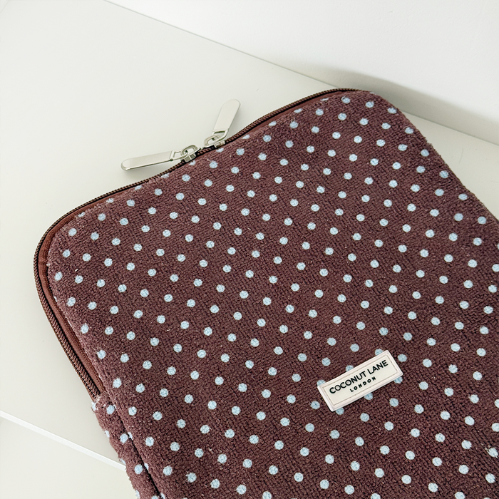 Brown and blue polka dot iPad sleeve with a towel-like texture by Coconut Lane.