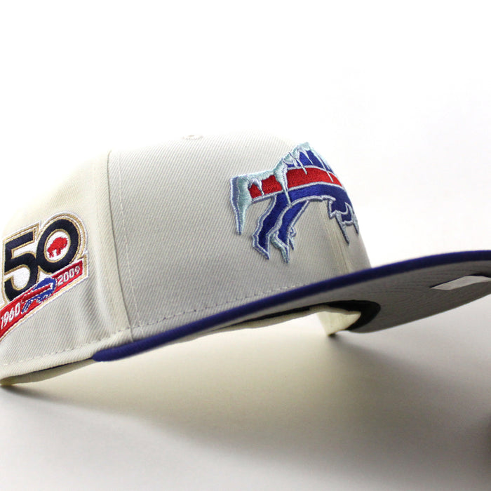 Buffalo Bills Frozen logo 50 Years New Era 59Fifty Fitted Hat (Chrome White Royal Blue Gray Under Brim)