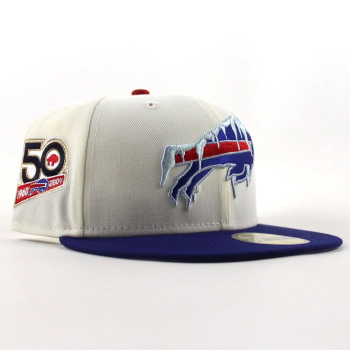 Buffalo Bills Frozen logo 50 Years New Era 59Fifty Fitted Hat (Chrome White Royal Blue Gray Under Brim)