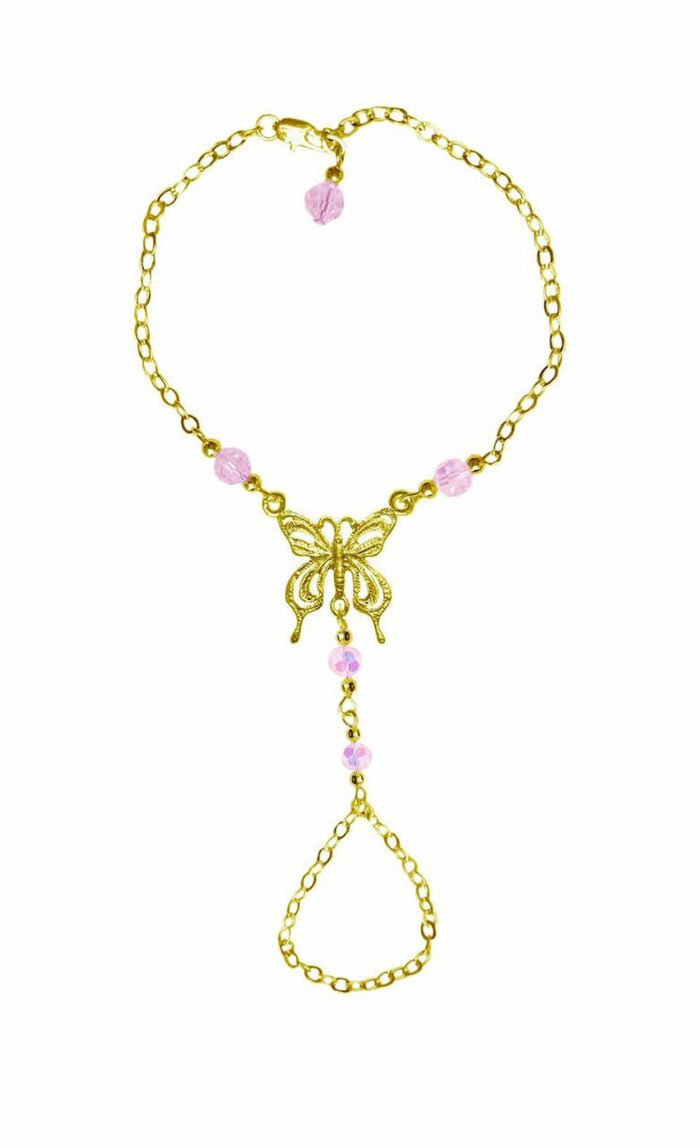 Gold butterfly hand chain finger bracelet with pink bead accents front view