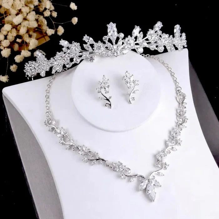 Wedding Jewelry - Silver Cubic Zirconia Bridal 3-Piece Jewelry Set With Tiara