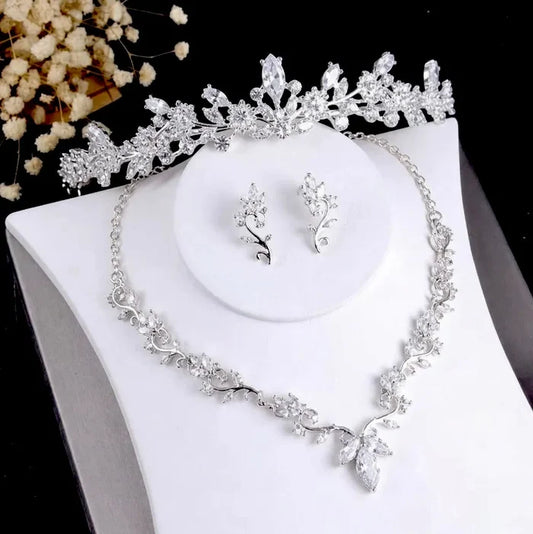 Wedding Jewelry - Silver Cubic Zirconia Bridal 3-Piece Jewelry Set With Tiara