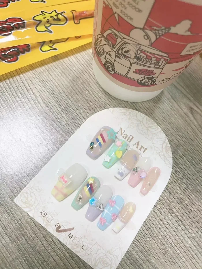 Candy Pudding Handmade Wearable Nails Sweet Cute Nail Art Patch Removable Bow Star Summer French Fake Nails