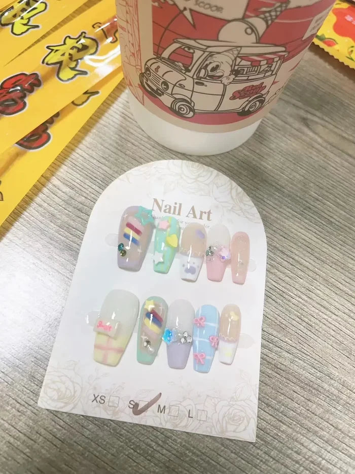 Candy Pudding Handmade Wearable Nails Sweet Cute Nail Art Patch Removable Bow Star Summer French Fake Nails