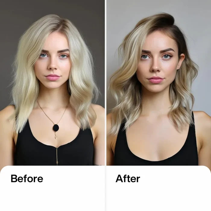 GK Hair Cashmere Hair Cream before and after: flat platinum blonde at left, glossy styled waves with a darker root at right