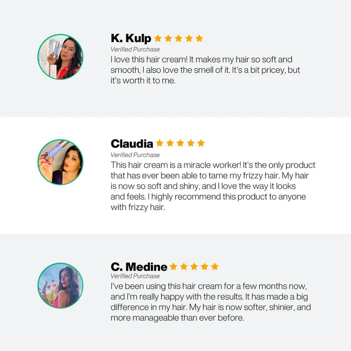 Three five-star verified reviews of GK Hair Cashmere Hair Cream from K. Kulp, Claudia and C. Medine on softer, shinier hair