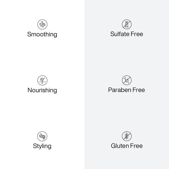 GK Hair Cashmere Hair Cream icons: Smoothing, Nourishing, Styling, Sulfate Free, Paraben Free, Gluten Free