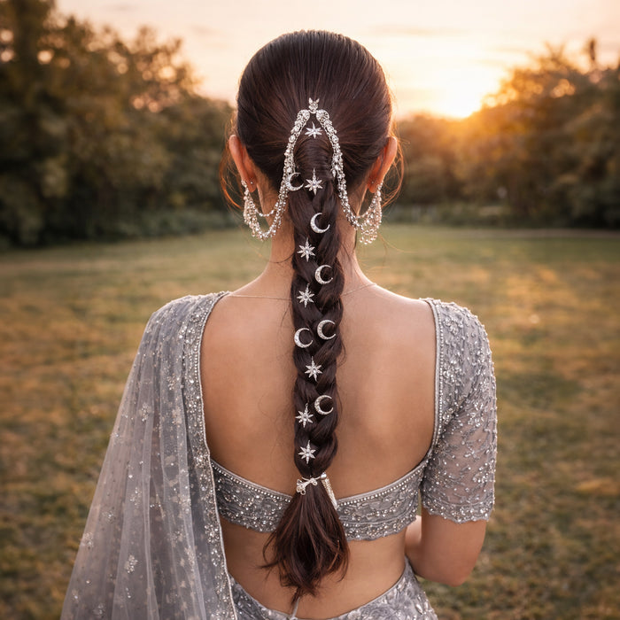 Gold star moon hair pins scattered in bridal updo for Indian wedding sangeet night hairstyle