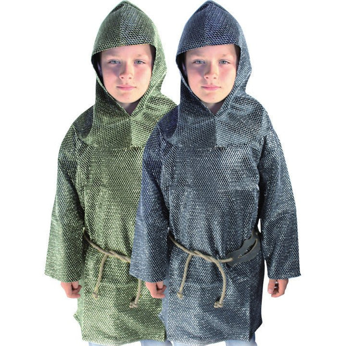 Two children wearing gold and silver chain mail hoods, tunics, and sword holder on a white background