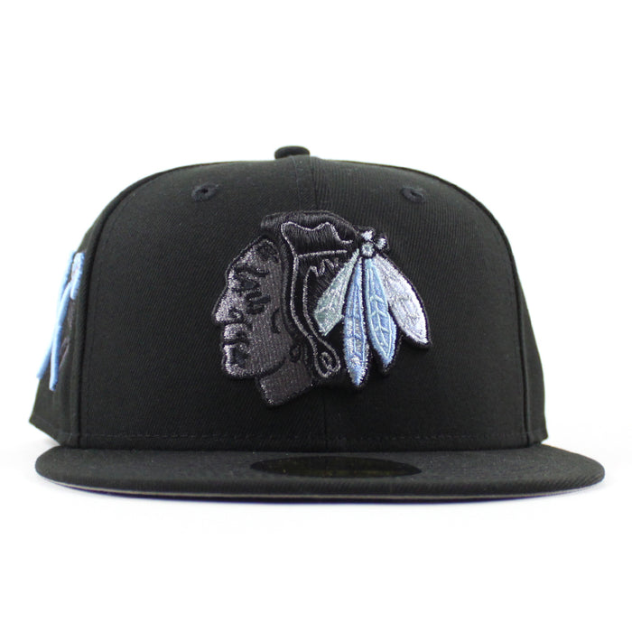 Chicago Blackhawks Black Hawks Logo New Era 59Fifty Fitted Hat (Black Sky Blue Under brim)