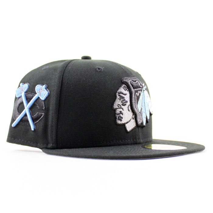 Chicago Blackhawks Black Hawks Logo New Era 59Fifty Fitted Hat (Black Sky Blue Under brim)