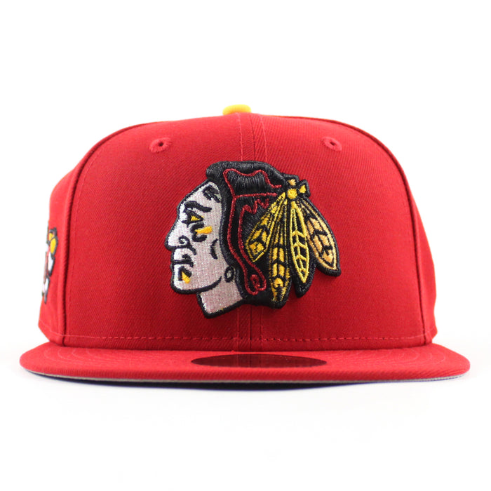 Chicago Blackhawks Black Hawks Logo New Era 59Fifty Fitted Hat (Scarlet Red Black Under brim)