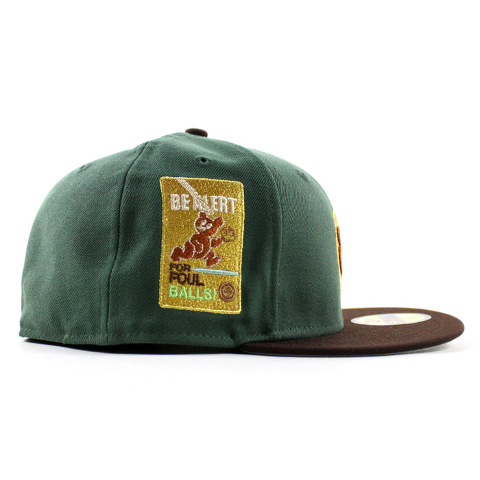 Chicago Cubs be Alert For Foul Balls New Era 59Fifty Fitted Hat (Mountain Green Burnt Wood Moss Under Brim)